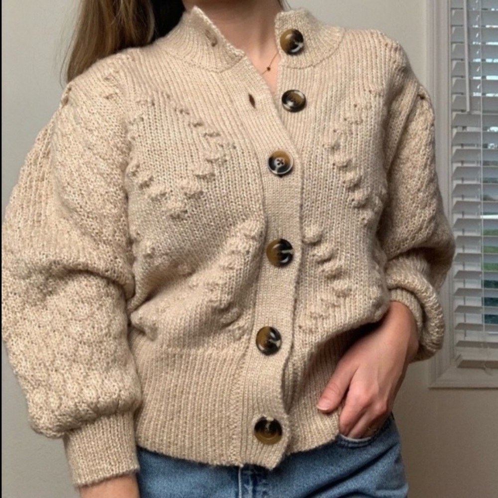Vintage Style Chunky Knit Wool Blend Short Cardigan Balloon Puffed Sleeve Size S